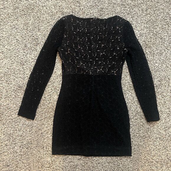 Diane Von Furstenberg Mini Dress Size 4 Black Sarita Pebble Lace Leather Trim - Picture 3 of 6